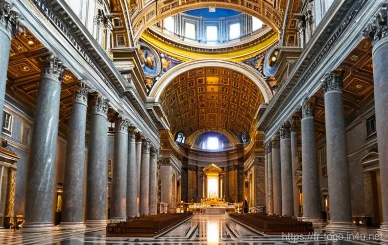 로메 대성당 관광 정보 - **Prompt:** A breathtaking interior view of St. Peter's Basilica, bathed in soft, ethereal light str...