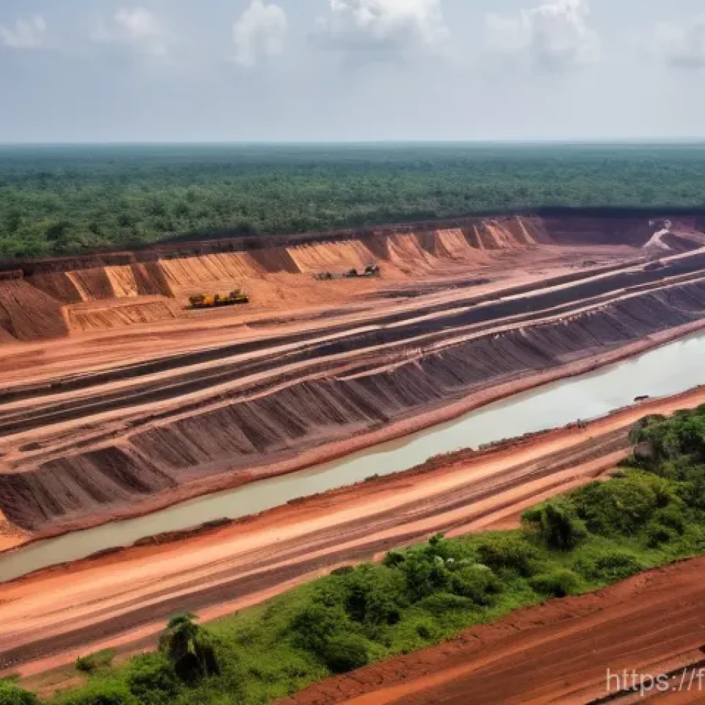 토고의 주요 수출 품목 - **Prompt:** A wide-angle shot depicting the vibrant activity of a phosphate mining site in Togo, spe...