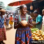 토고의 맥주와 전통주 - **Tchoukoutou in a Lively Togolese Market:**
    "A bustling, sun-drenched Togolese open-air market ...