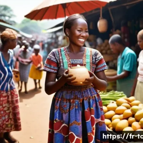 토고의 맥주와 전통주 - **Tchoukoutou in a Lively Togolese Market:**
    "A bustling, sun-drenched Togolese open-air market ...