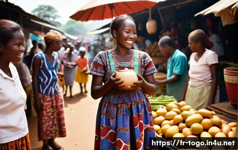 토고의 맥주와 전통주 - **Tchoukoutou in a Lively Togolese Market:**
    "A bustling, sun-drenched Togolese open-air market ...