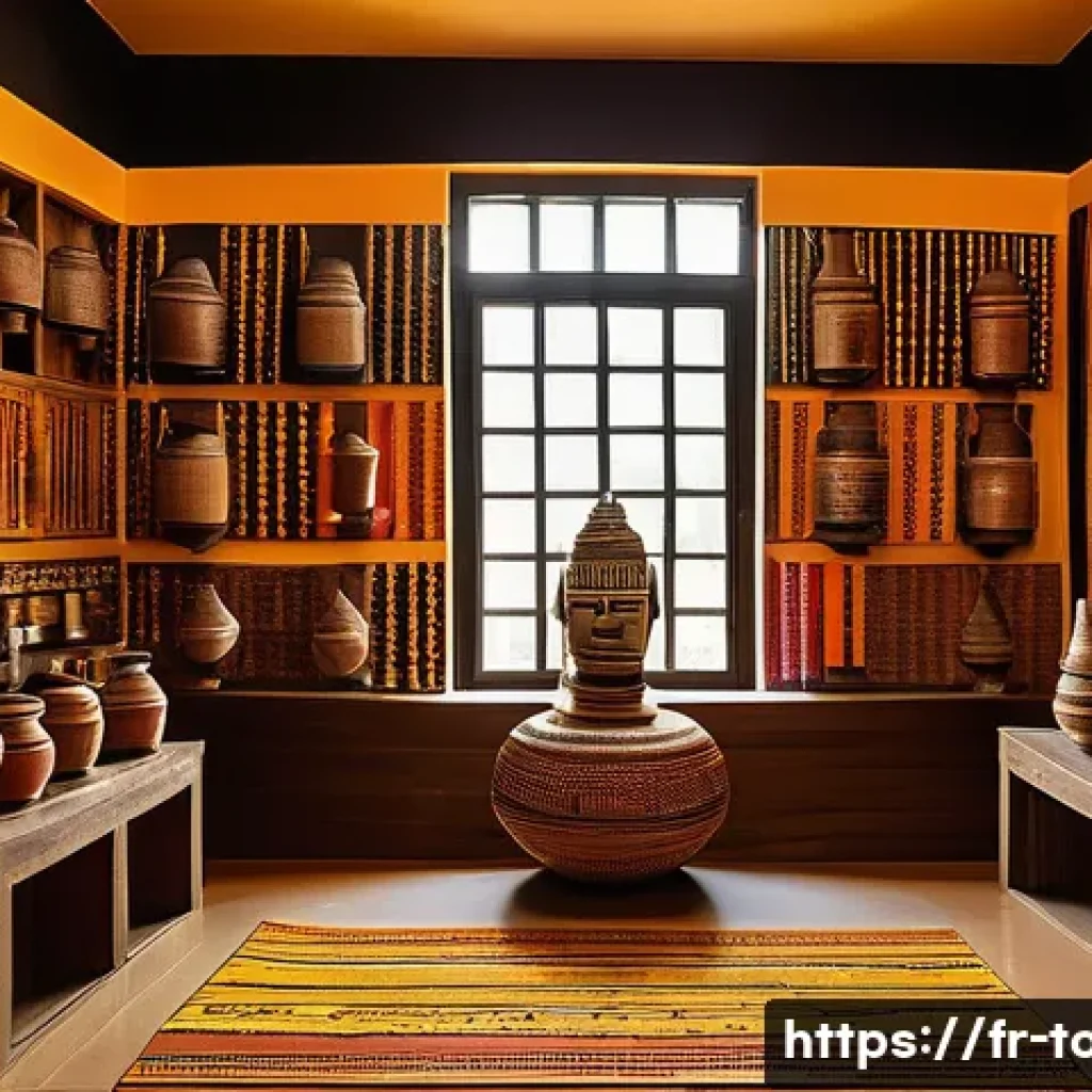 토고 국립 박물관 - A richly detailed exhibition room inside a Togolese museum showcasing traditional handcrafted object...