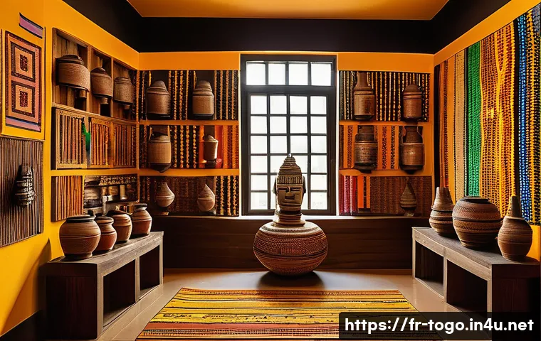 토고 국립 박물관 - A richly detailed exhibition room inside a Togolese museum showcasing traditional handcrafted object...