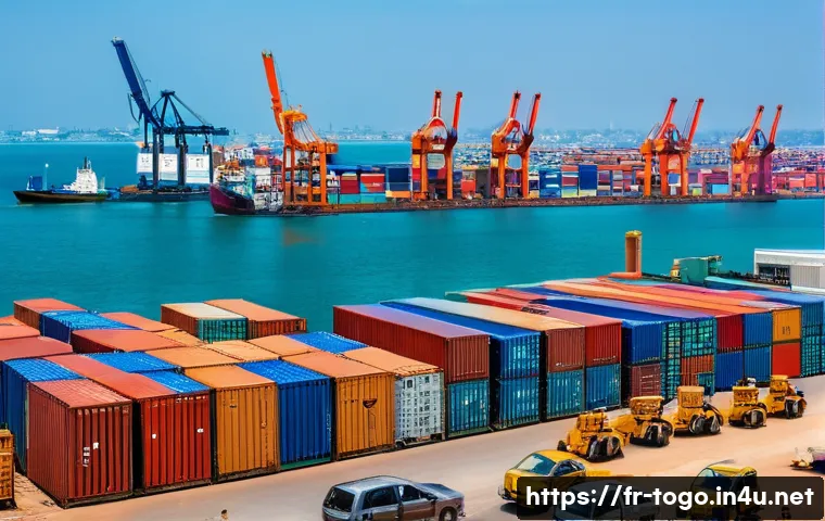 토고와 서아프리카 경제 공동체 - A vibrant West African port scene at Lomé, Togo, bustling with modern cargo ships unloading colorful...