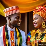 Home 20 토고 전통 의상 - A vibrant Togolese wedding scene featuring a bride and groom dressed in traditional pagne fabrics wi...