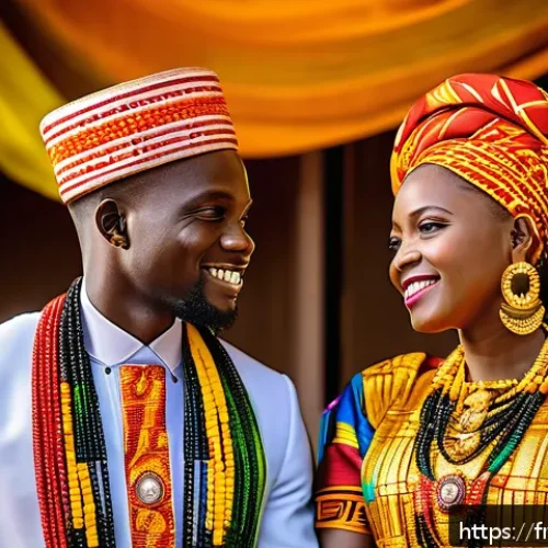 Home 32 토고 전통 의상 - A vibrant Togolese wedding scene featuring a bride and groom dressed in traditional pagne fabrics wi...
