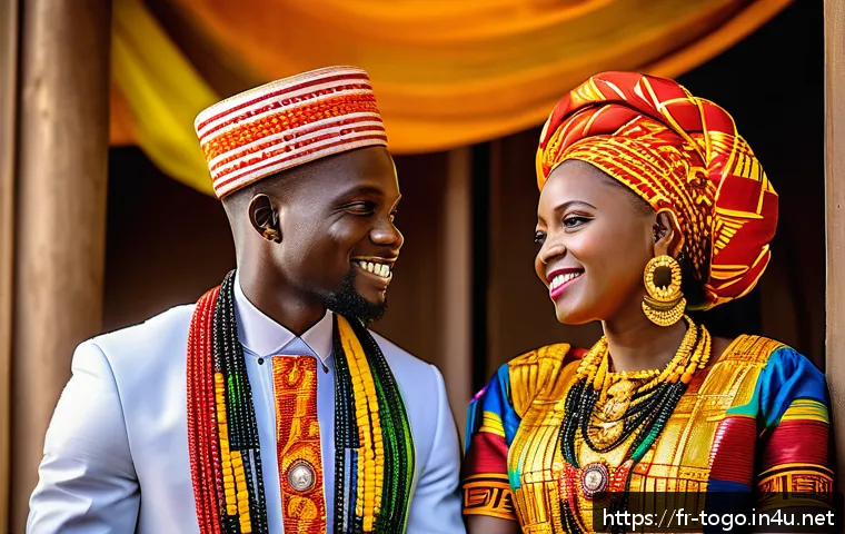 토고 전통 의상 - A vibrant Togolese wedding scene featuring a bride and groom dressed in traditional pagne fabrics wi...