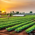 Home 19 토고의 경제 성장과 산업 - A vibrant Togolese agro-industrial farm scene at sunrise, showcasing local farmers in neat, clean cl...