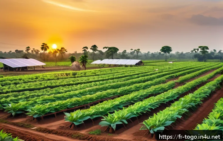 토고의 경제 성장과 산업 - A vibrant Togolese agro-industrial farm scene at sunrise, showcasing local farmers in neat, clean cl...