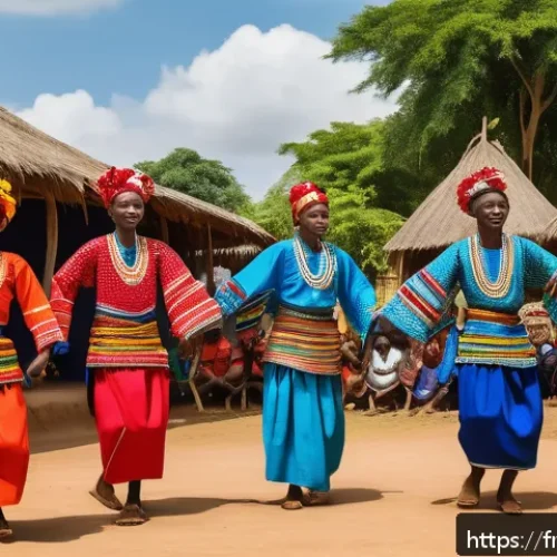 Home 30 토고 여행과 세네갈 여행 비교 - A vibrant traditional Agbadza dance ceremony in a Togolese village, featuring men and women dressed ...
