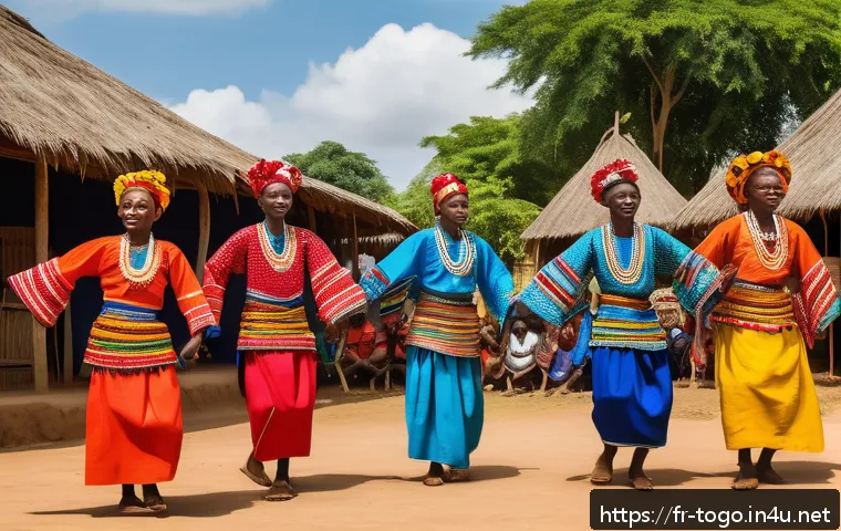 토고 여행과 세네갈 여행 비교 - A vibrant traditional Agbadza dance ceremony in a Togolese village, featuring men and women dressed ...