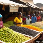 Home 23 토고에서 유용한 프랑스어 표현 - A vibrant Togolese morning market scene bustling with diverse local vendors and customers engaging i...