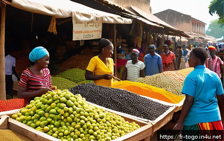 토고에서 유용한 프랑스어 표현 - A vibrant Togolese morning market scene bustling with diverse local vendors and customers engaging i...